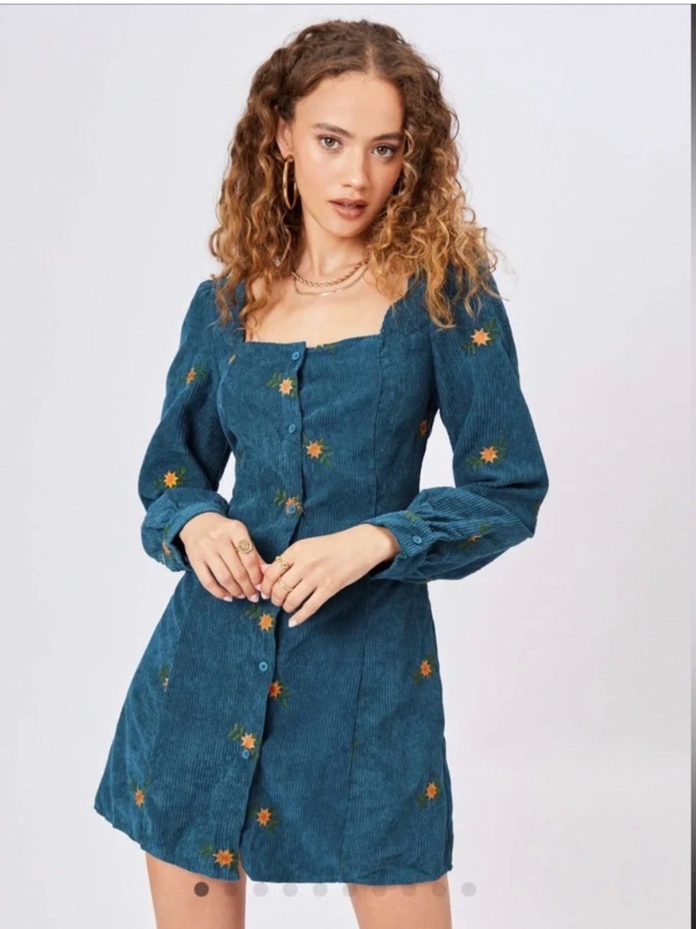 Cider Teal Corduroy Mini Dress with Orange Floral Embroidery